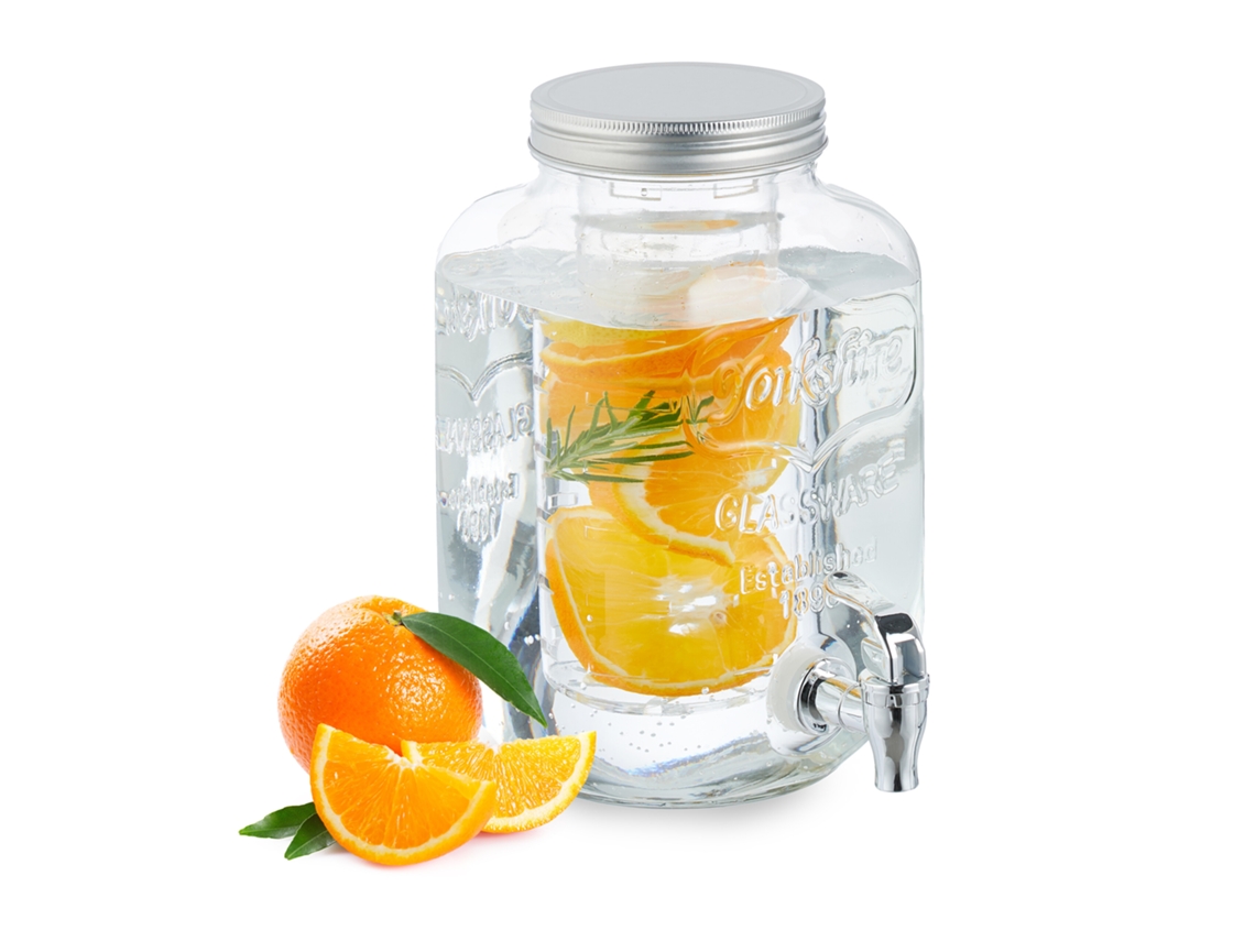 Dispensador de bebidas Relaxdays con grifo, tapa y accesorios, 4 litros, de vidrio, transparente.