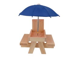 Mesa De Alimentación Para Ardillas De Madera De Pino Con Sombrilla Azul Para Jardín Exterior.