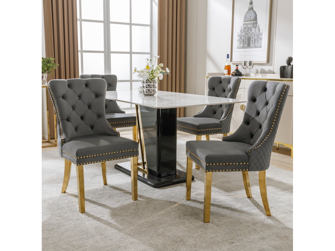 Juego De 4 Sillas De Comedor Con Reposabrazos Redondos, De Terciopelo Gris Y Dorado.
