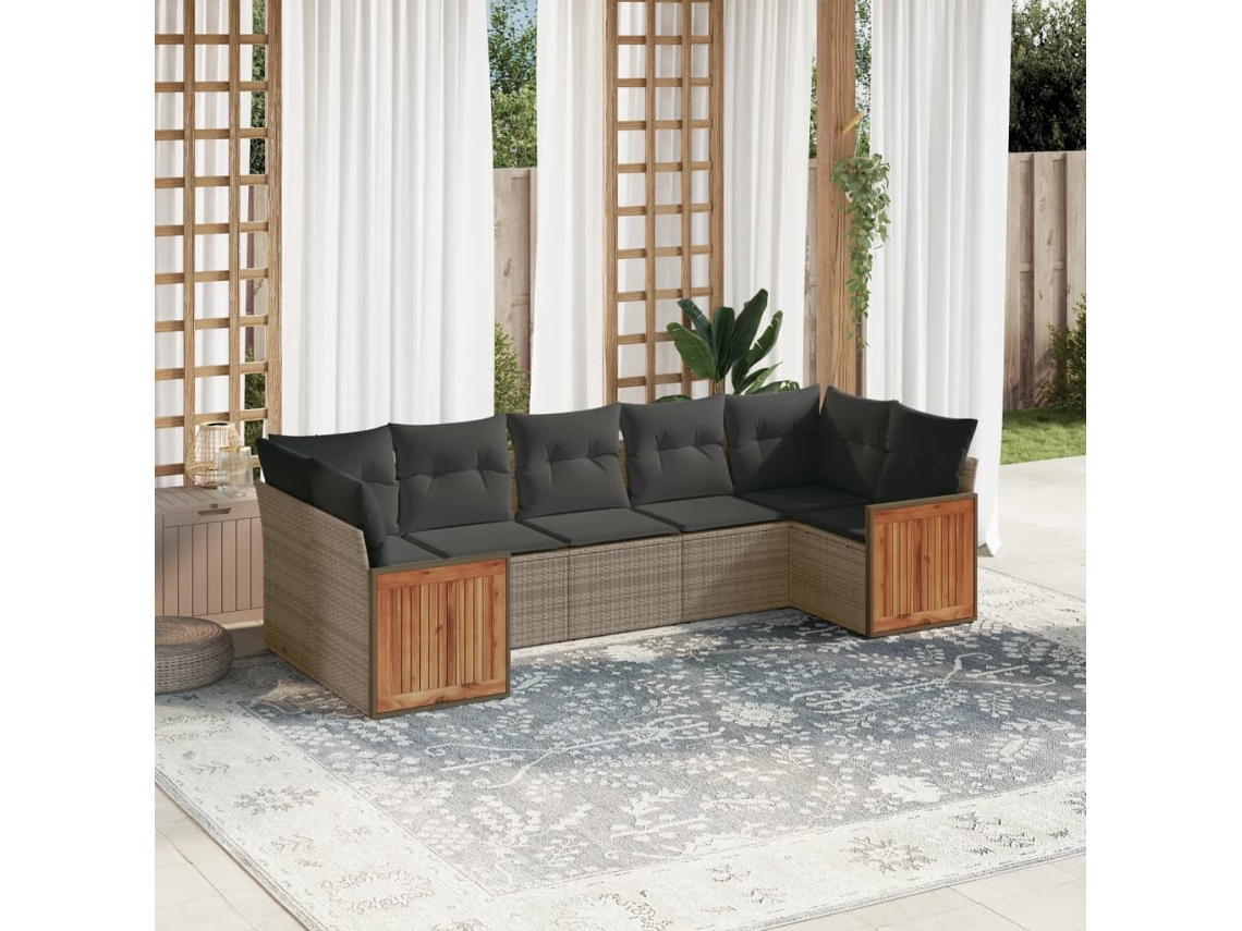 Conjunto de sofá de jardín de 7 piezas con cojines, mimbre gris, DKD Home Decor