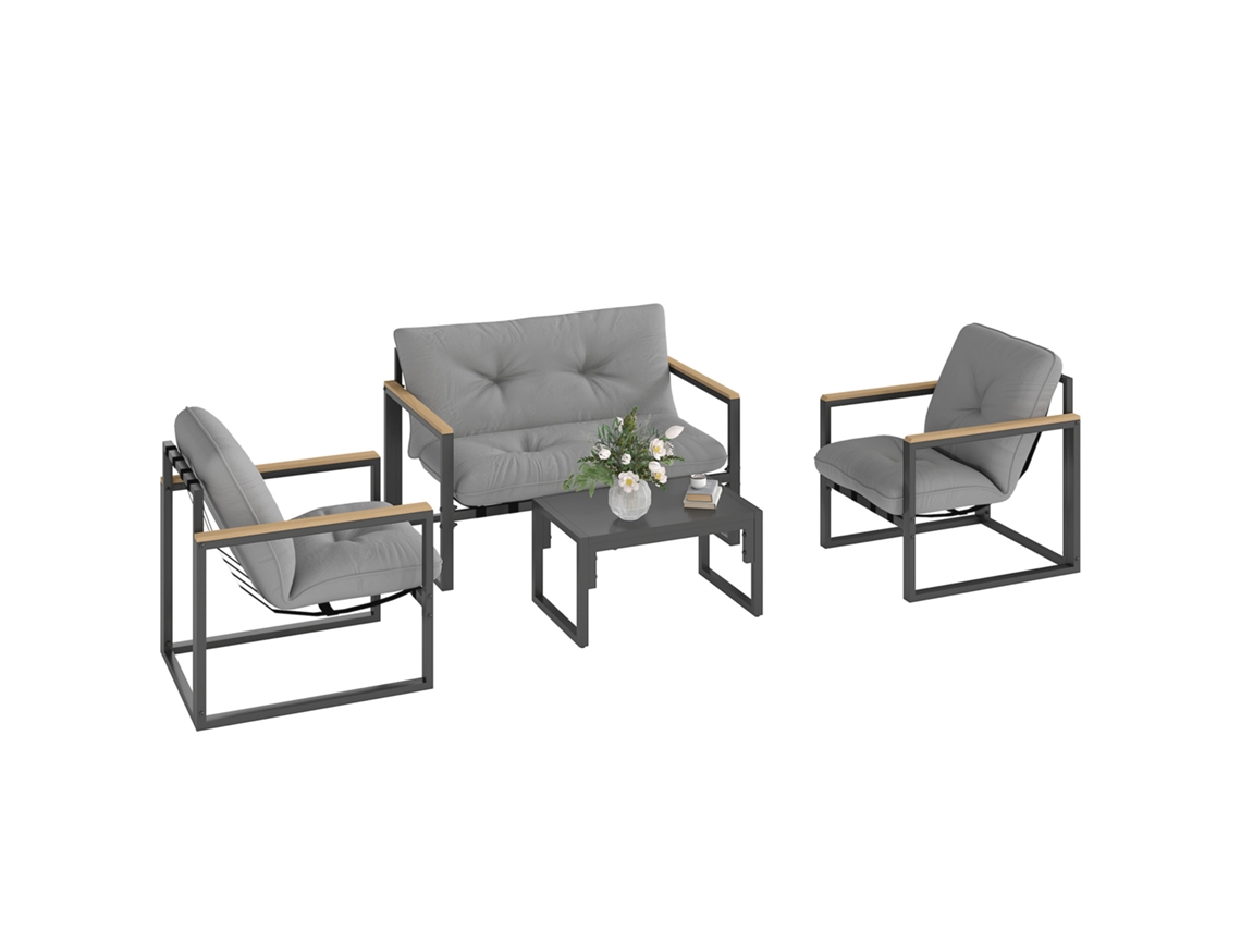 Conjunto de muebles de jardín para 4 personas con sofá de 2 plazas, sillón y cojines, resistente a la intemperie, gris claro ZACHARY