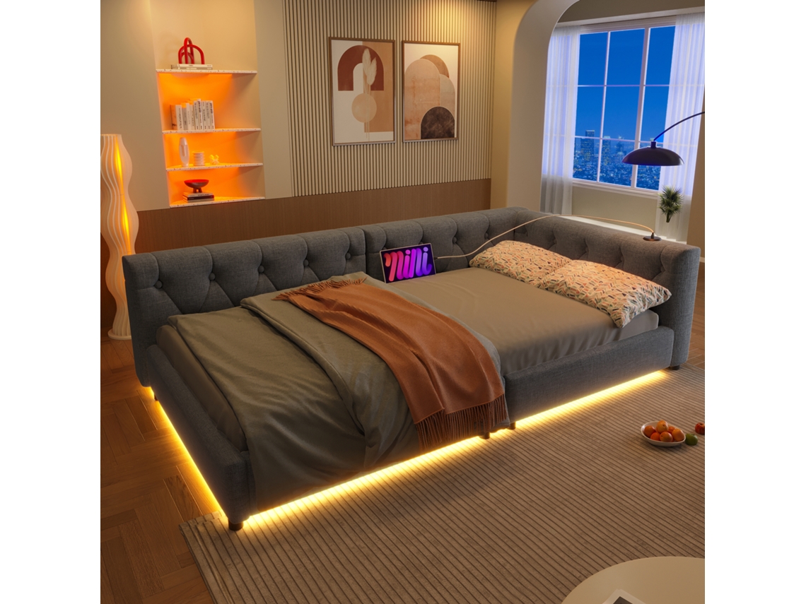 Sofá Cama Multifuncional De 90x200 Cm, Color Gris, Con Iluminación Led, Cajones Y Conexión Usb-c.