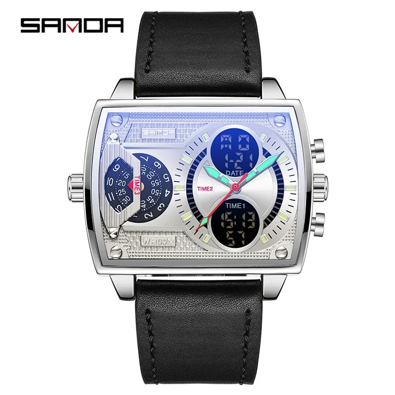 Reloj Electrónico De Cuarzo Deportivo Casual De Cuero Estilo Militar Cuadrado Y Elegante (negro Y Plateado), Resistente Al Agua, Para Hombre.