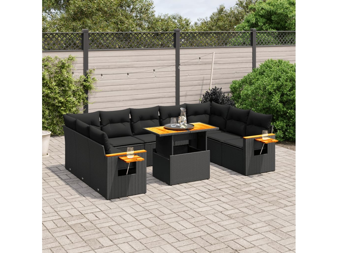 Conjunto de sofá de jardín de 11 piezas con cojines de mimbre sintético negro de DKD Home Decor