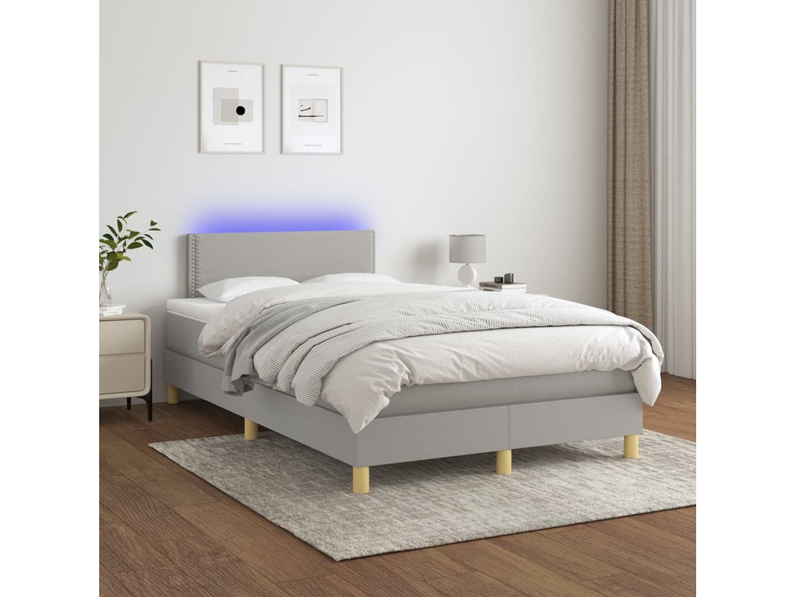Cama Box Spring Con Colchón Tela Y Led Gris Claro 120x200 Cm