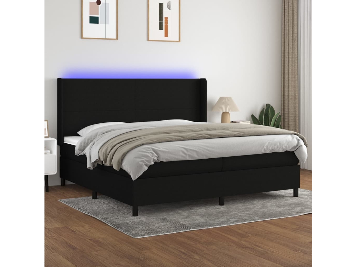 Cama Box Spring Colchón Y Luces Led Tela Negro 200x200 Cm
