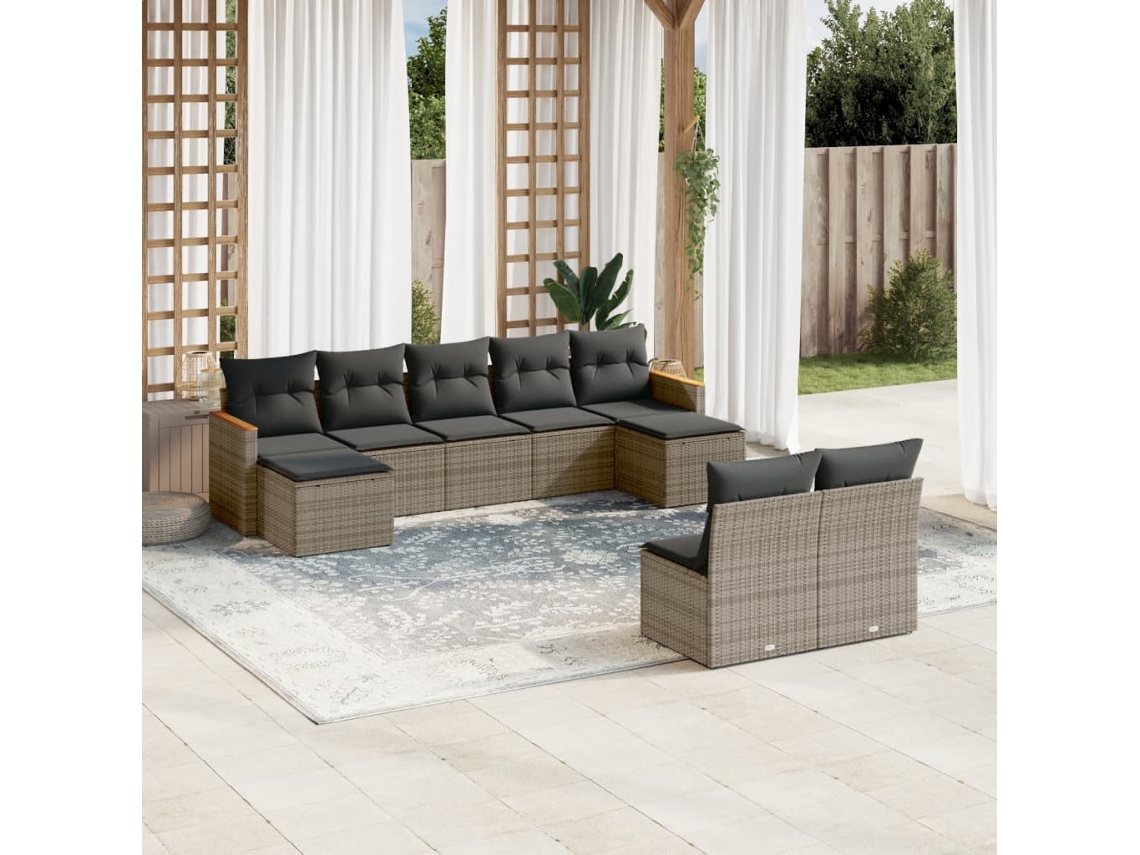 Conjunto de sofá de jardín de 9 piezas con cojines, mimbre gris, DKD Home Decor