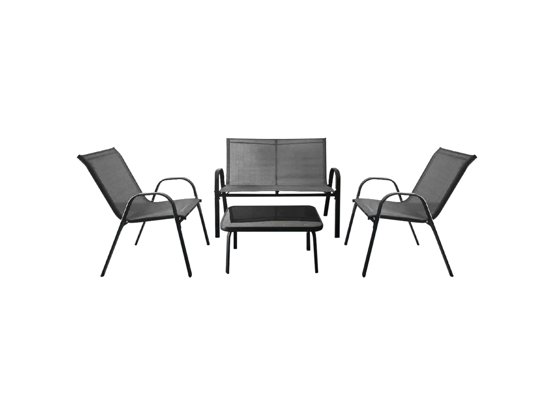 Conjunto De Jardim 4 Peças Com Cadeiras Em Tecido E Mesa De Vidro - Estrutura De Metal