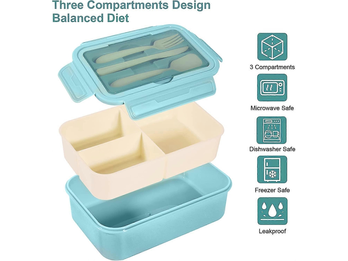 Bandeja De Almuerzo 1400ml Para Adultos Y Niños Con 3 Compartimentos, Cubiertos, Antiderrame, Lavavajillas Y Bpa Free