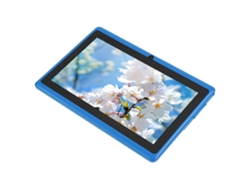 Tableta Android compacta de 7 pulgadas, 8 GB de ROM, Wi-Fi, Bluetooth, cámara dual, color azul claro y dorado.