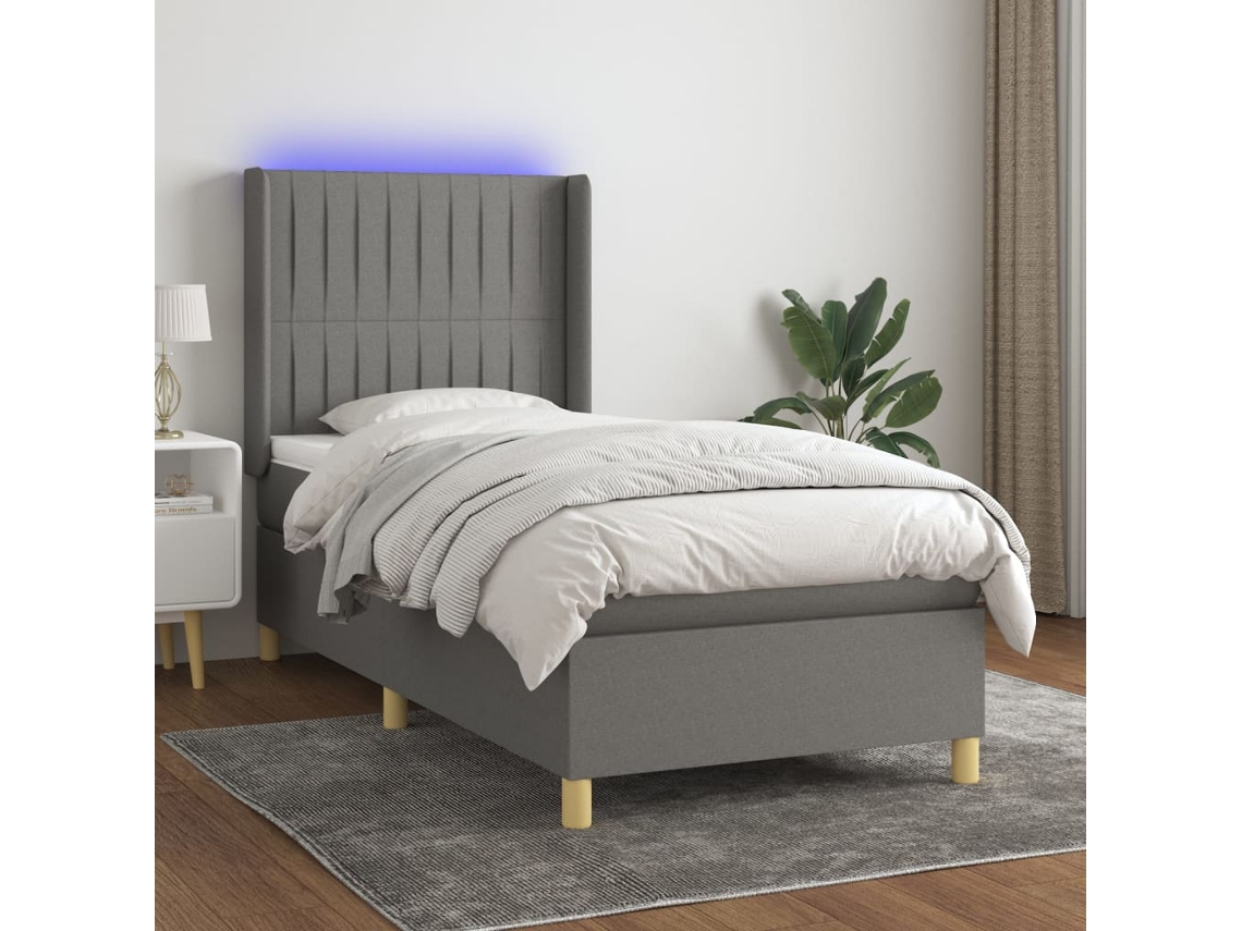 Cama Box Spring Colchón Y Luces Led Tela Gris Oscuro 90x190 Cm