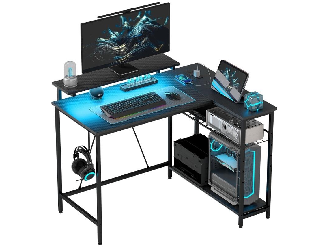 Escritorio de oficina moderno negro, en forma de L o esquinero recto con bandeja para teclado, MDF y metal, BGA Store