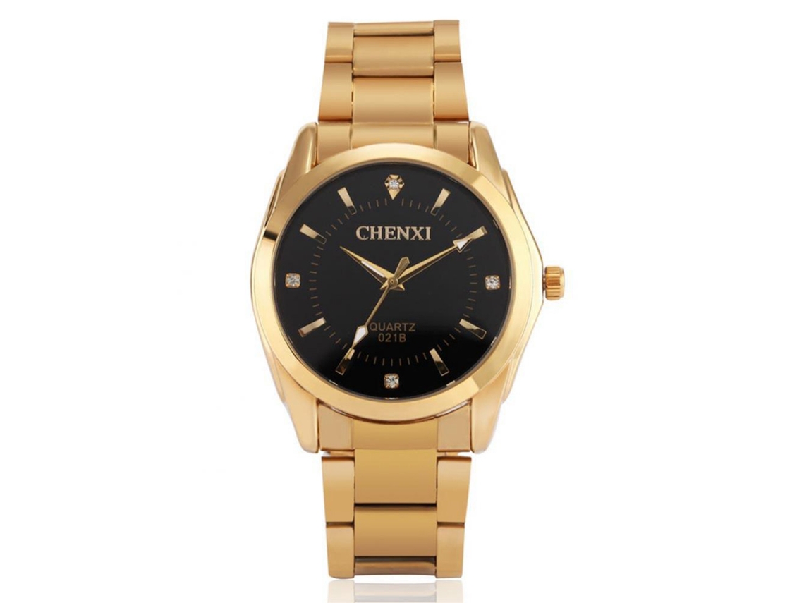 Reloj Hombre Con Strass Correa Acero Inoxidable Oro Cuarzo Dial Negro