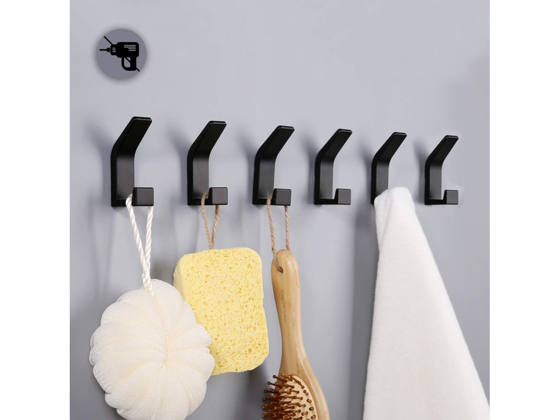 6 ganchos autoadhesivos, gancho doble para toallas de baño, montaje en pared autoadhesivo, color negro.