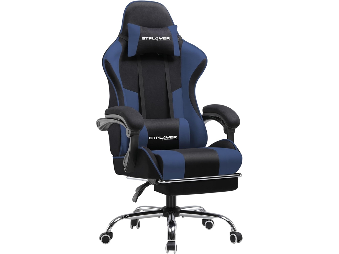 Silla de oficina Gtplayer para gaming, de tela, ergonómica, con reposapiés, reposacabezas y cojín lumbar, color azul