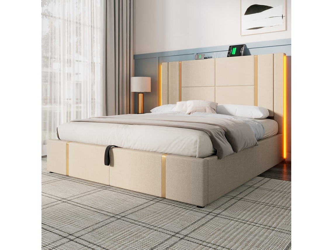 Cama Tapizada 140x200 - Función De Carga Usb Type C, Control App, Led, Cama Con Almacenamiento, Estructura De Madera - Beige