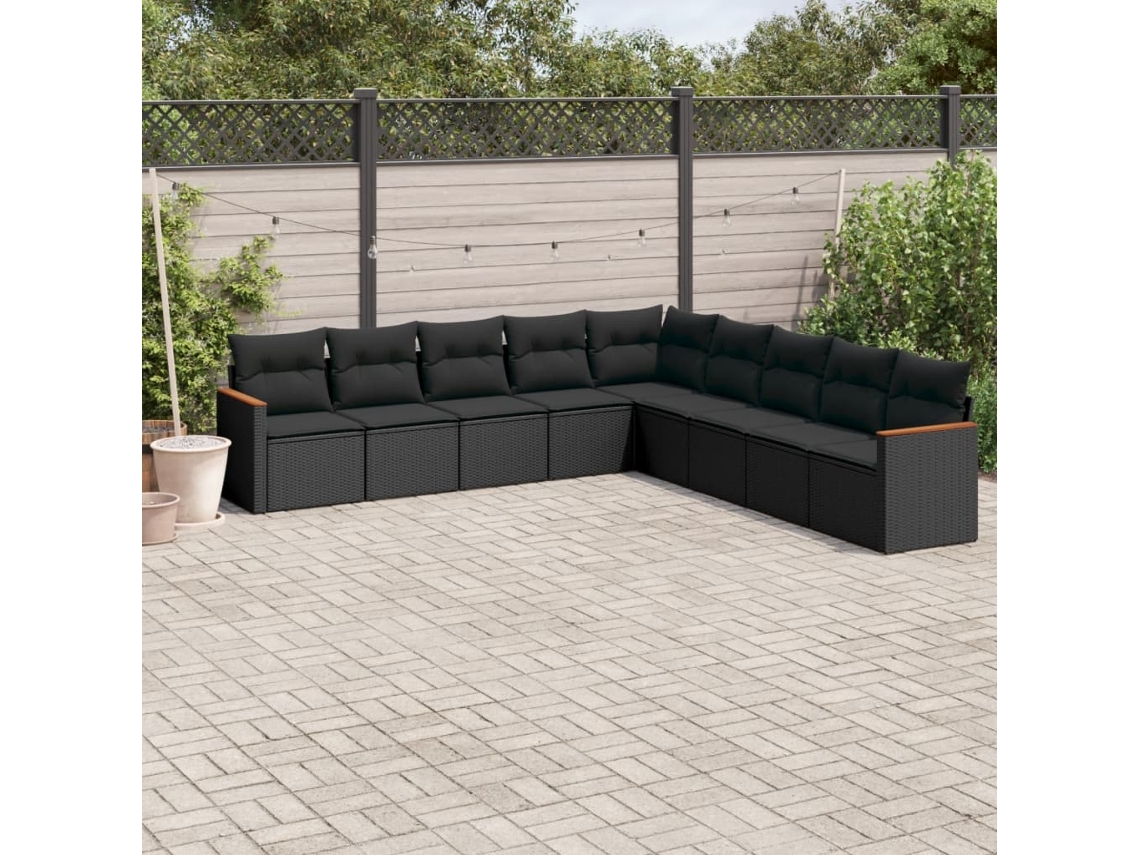 Conjunto de sofá de jardín de 9 piezas con cojines, ratán negro, Dkd Home Decor