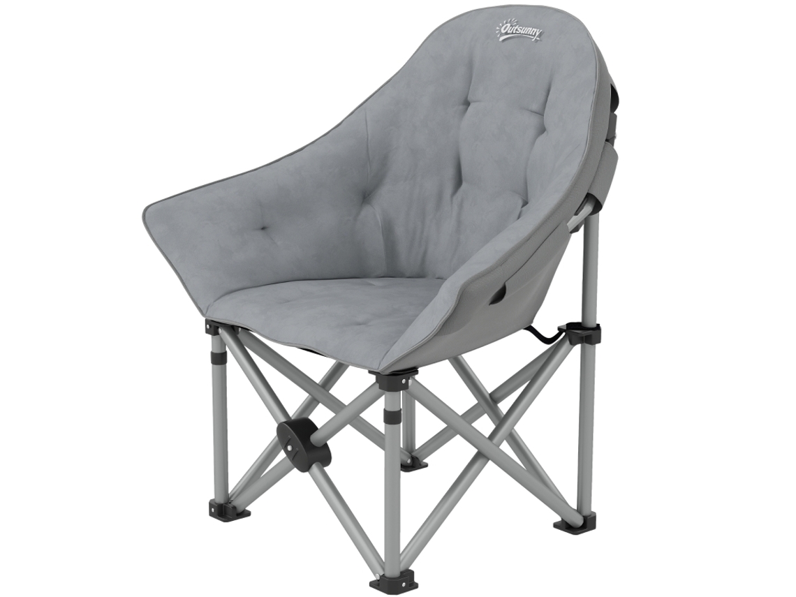 Silla de camping plegable con bolsillos laterales y bolsa de almacenamiento incluida. Soporta hasta 120 kg. Robusta, duradera, ligera y fácil de transportar.