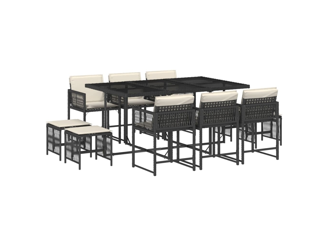 Conjunto 11 de comedor jardín VIDAXL con cojines ratán sintético negro