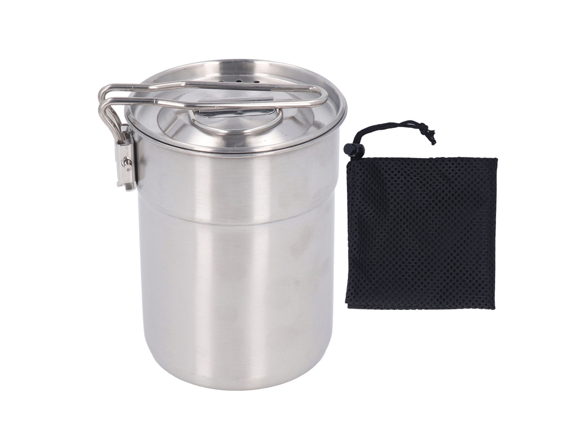 Taza de camping de acero inoxidable de 1 litro con asa plegable y tapa exterior.