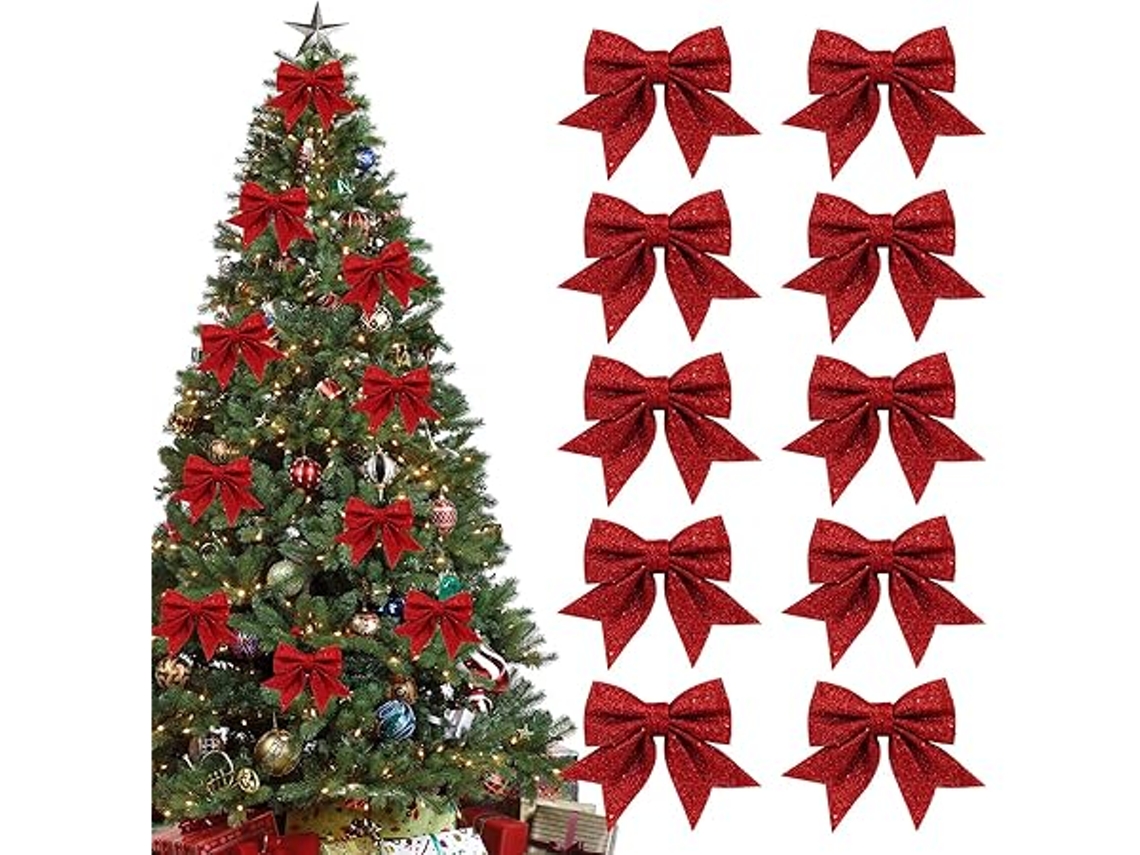 Es Un Juego De 10 Adornos Para Árbol De Navidad Decorados Con Cinta Roja Y Brillantina. Son Perfectos Para Reuniones Familiares Y Tienen Un