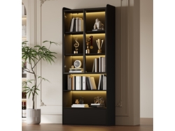 Vitrina alta de 180 cm, negra, con LED, 1 cajón, puertas de cristal y separador abierto para salón, ZACHARY