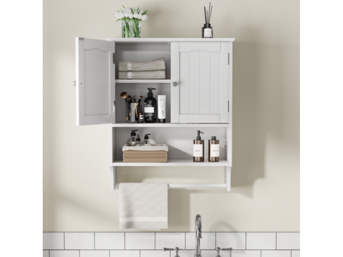 Armario colgante para el cuarto de baño, con 2 estantes ajustables y toallero integrado, multiusos para la cocina, el lavadero o el aseo, blanco