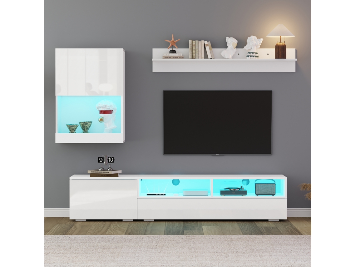 Conjunto De Mueble Para Tv 3 Piezas Blanco Brillante Moderno, 174x39x34 Cm, Led, Para Tv De 80 Pulgadas