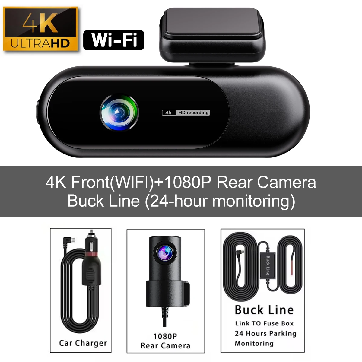 Cámara De Salpicadero Para Coche Con Wifi, 4k+1080p, Pantalla Dual (kit De Cableado De 32 Gb)