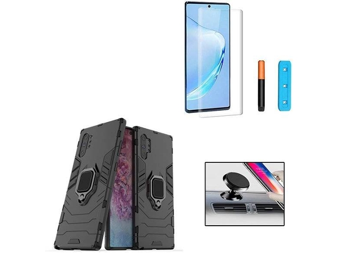 Kit Carcasa, Protector de Vidrio Nano Curved UV y Soporte Magnético Auto Samsung Galaxy Note 10 Plus PHONOCARE Militar Negro