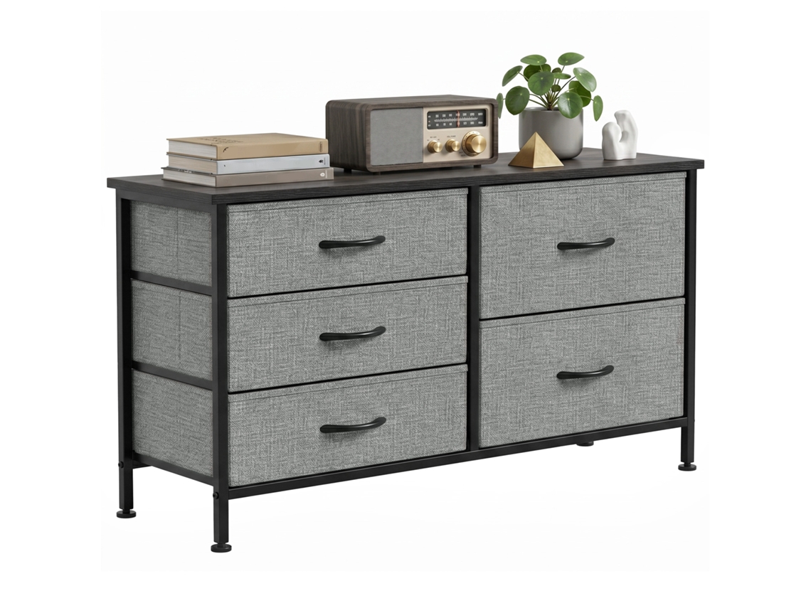 Cómoda Con 5 Cajones De Tela Cómoda Para Dormitorio Marco De Acero Cajonera Para Salón Oficina Gris Oscuro Y Negro