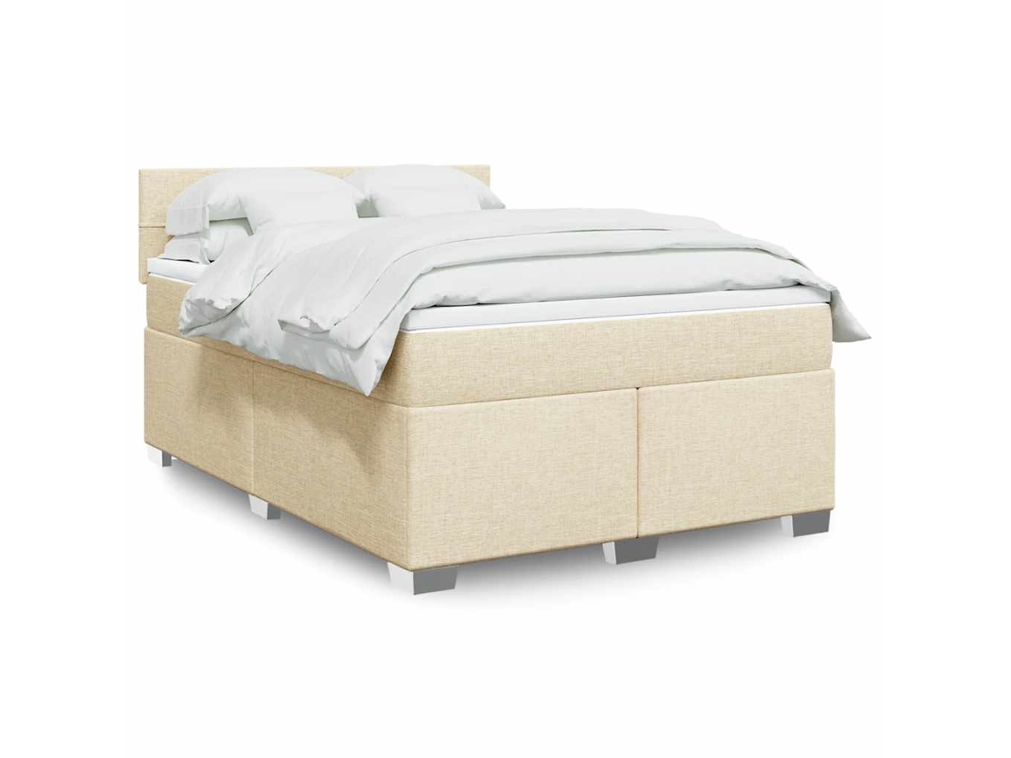Cama Box Spring Con Colchón Tela Color Crema 140x190 Cm