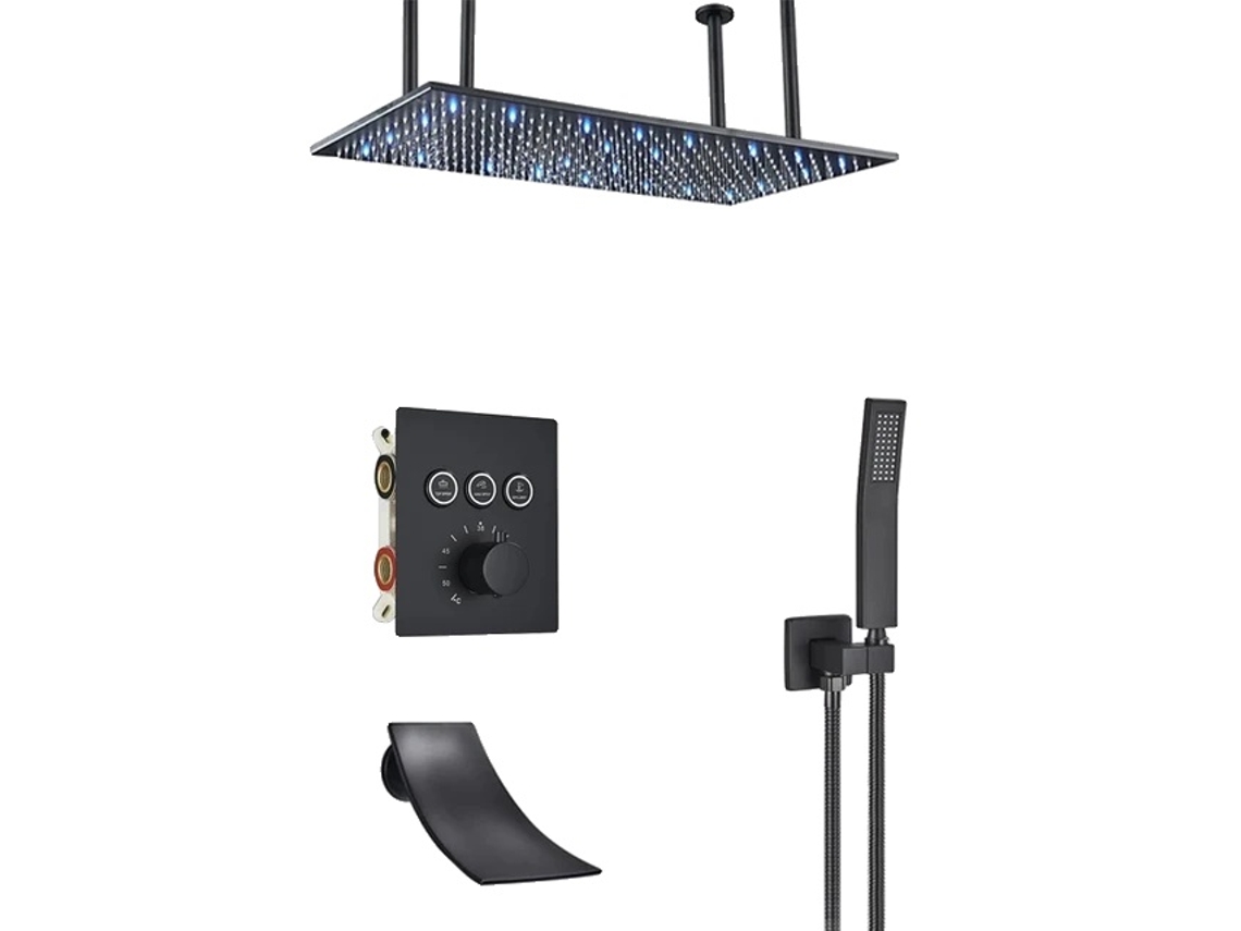 Boquilla de ducha LED, acabado niquelado, diseño rectangular, 3 vías, color negro, C OEM