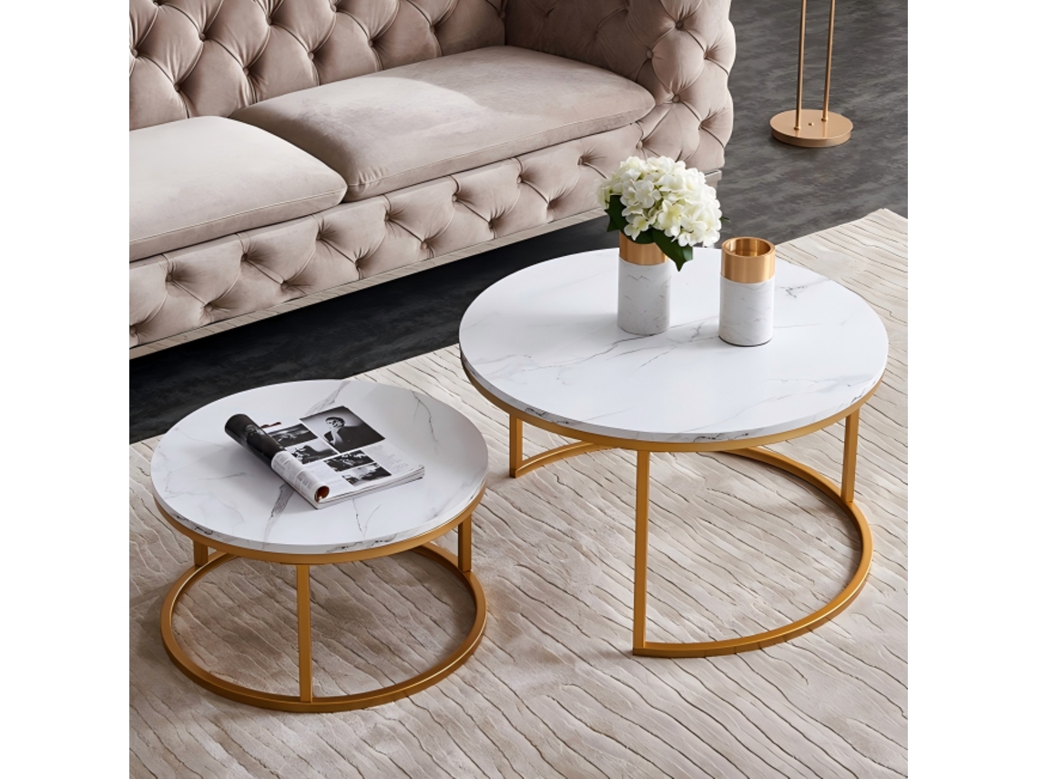 Mesa de centro redonda, juego de 2, con patas de metal para sala de estar, diseño moderno, color dorado