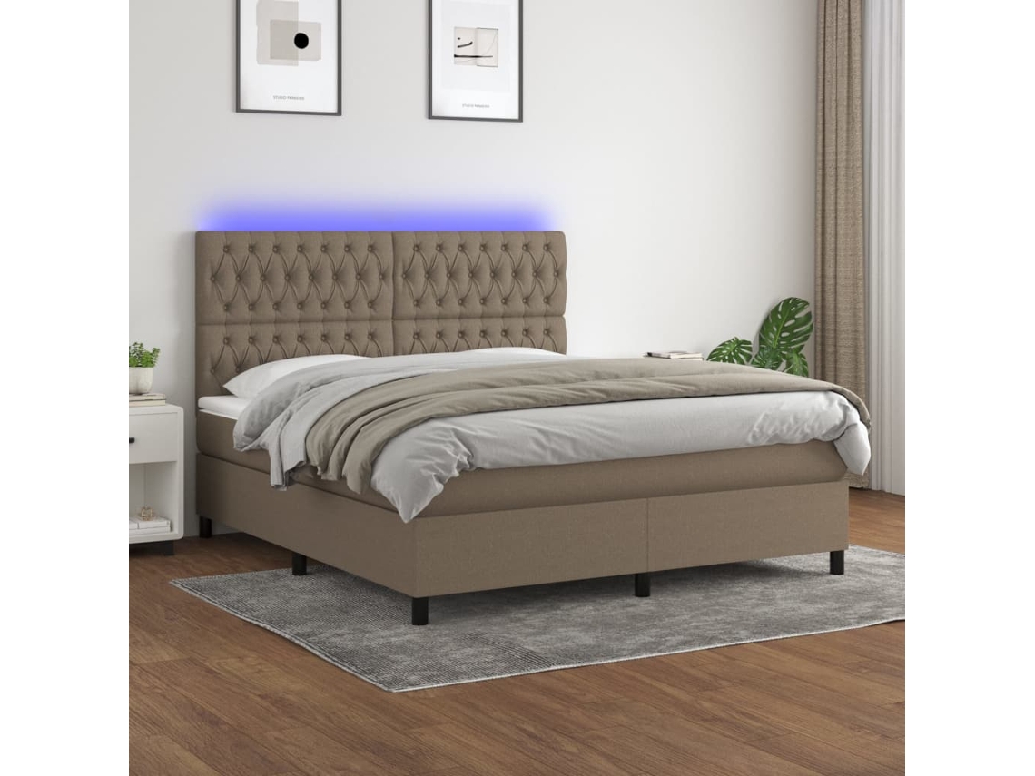 Cama Box Spring Colchón Y Luces Led Tela Gris Taupe 180x200 Cm
