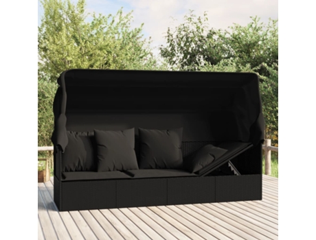 MAISON EXCLUSIVE - Sofá tumbona de jardín con toldo cojines ratán sintético negro