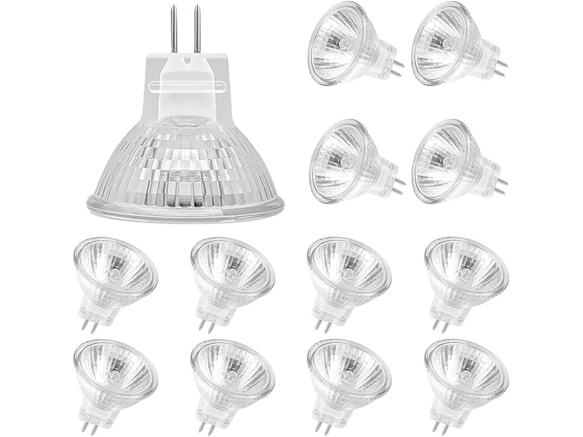 Juego De 12 Lámparas Halógenas Mr11 — Base Gu4, 12v 20w, Regulables, Con Cubierta De Vidrio (2 Pines)