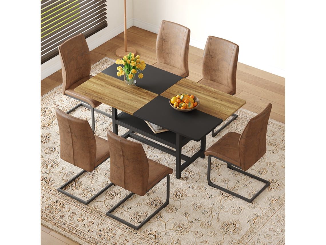Conjunto De Mesa De Comedor Rectangular De 160 Cm Con Estante Y 6 Sillones En Tejido Tech Marrón
