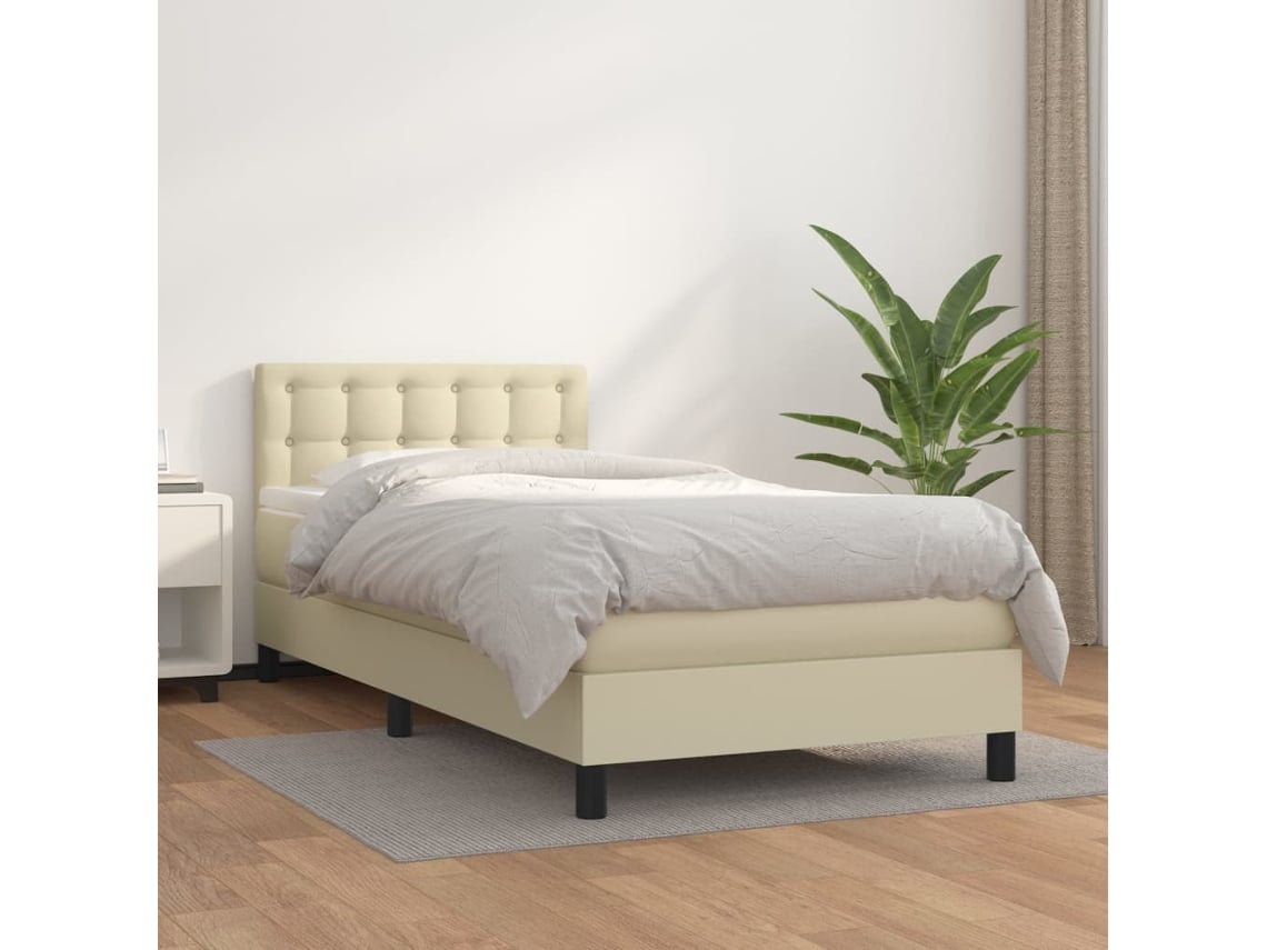 Cama Box Spring Con Colchón Cuero Sintético Crema 100x200 Cm