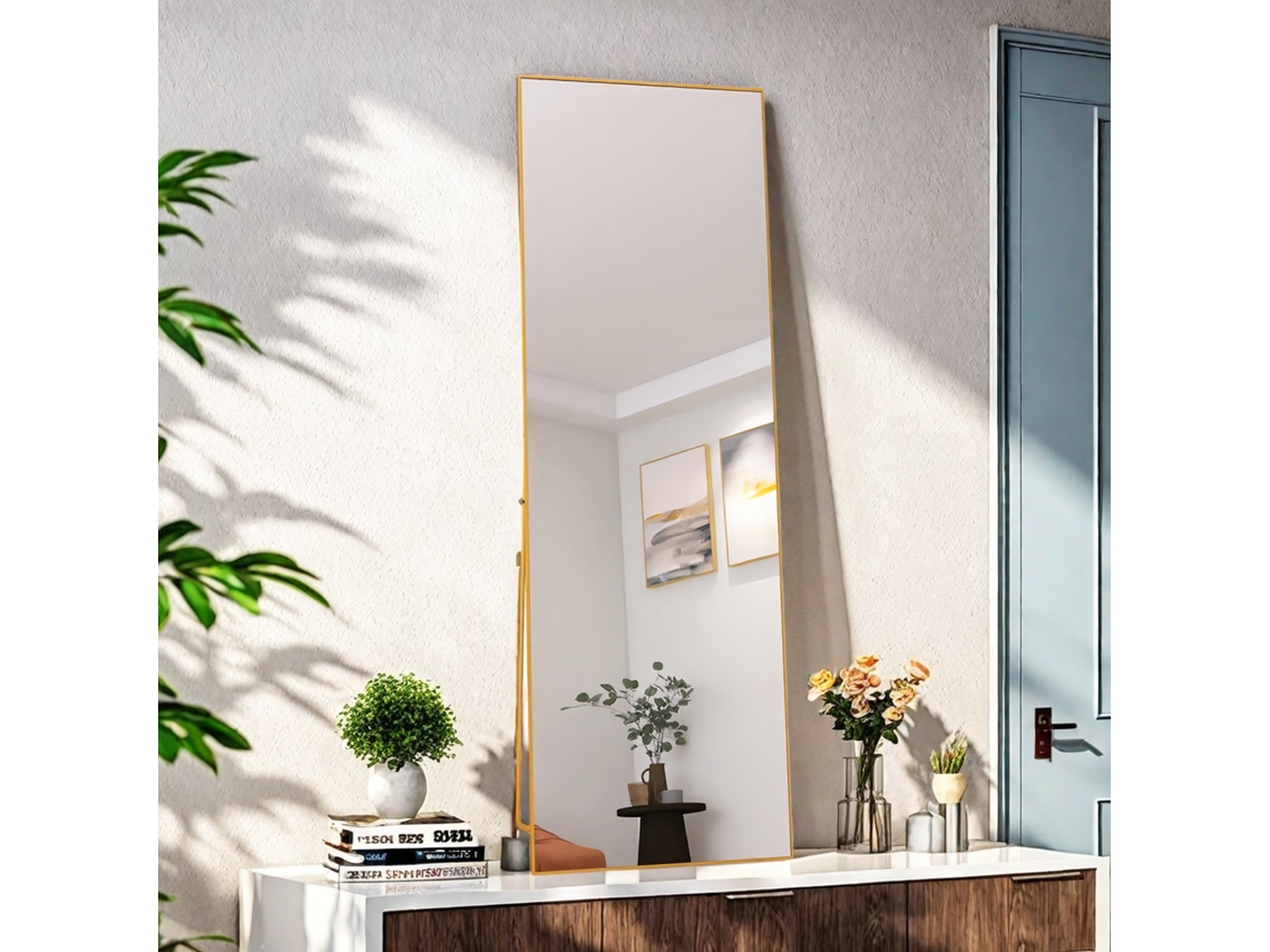 Espejo de cuerpo entero de 162x53 cm en cristal templado, marco de aluminio dorado, diseño moderno y elegante para dormitorio o baño. YCONE