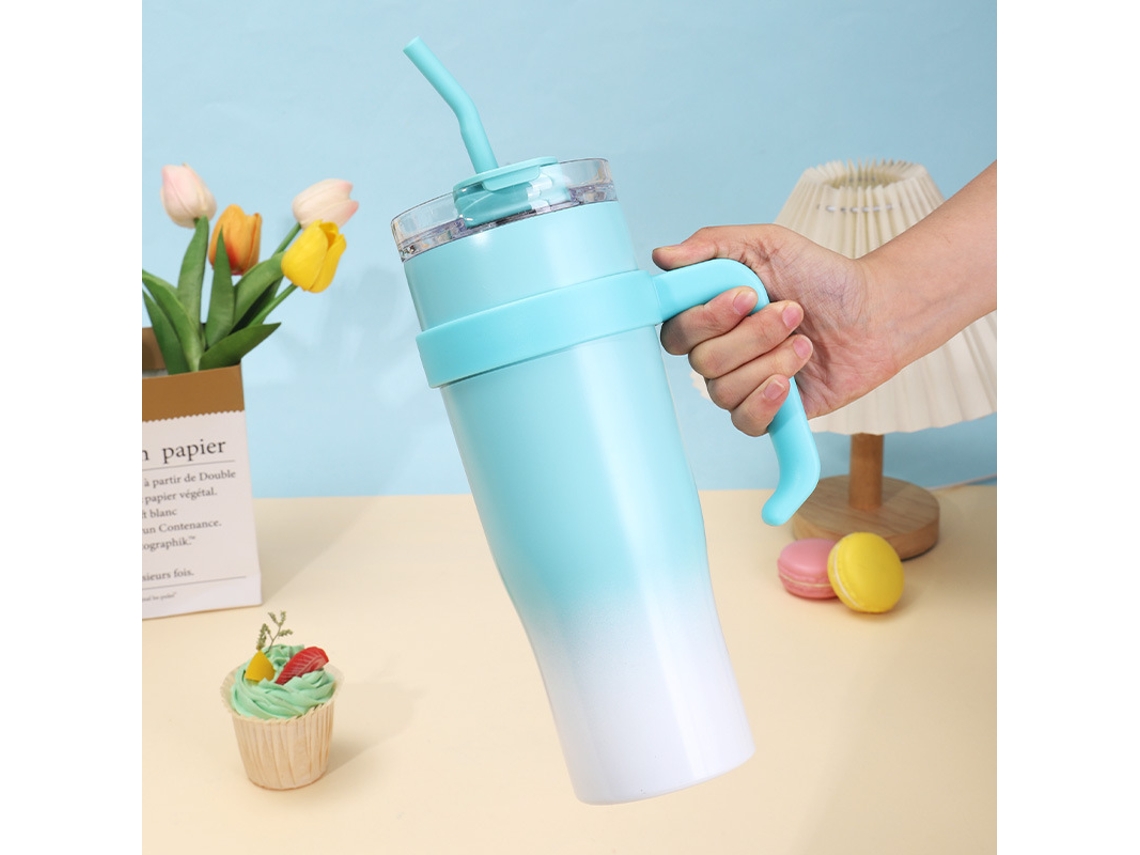 Botella térmica de acero inoxidable de 1,2 litros con asa, pajita y tapa dos en uno, para agua fría y caliente, color azul Hexinyigjly