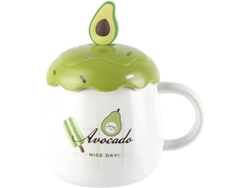2026-42196-taza De Cerámica Con Tapa Y Cuchara, Diseño Creativo De Aguacate, Ideal Para Café Té Latte, Lavavajillas Y Microondas