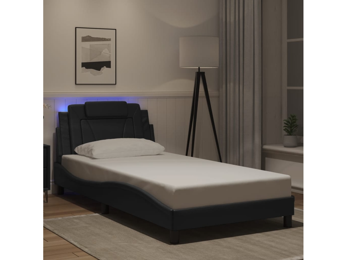 Estructura Cama Con Luces Led Cuero Sintético Negro 100x200 Cm