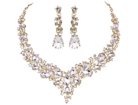 Juego De Aretes De Collar De Cristal - Blanco Chapado En Oro Juego De Aretes De Collar De Cristal - Blanco Chapado En Oro JEIIBRZUI