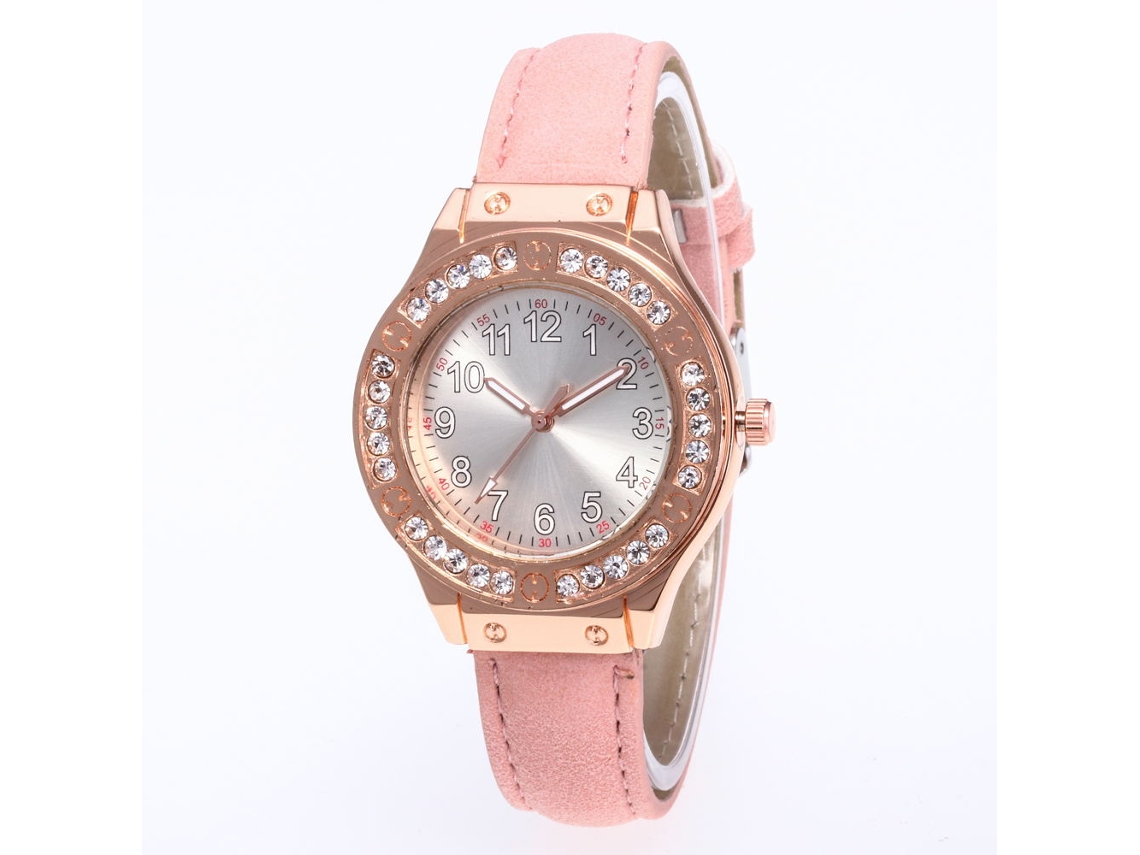 Reloj De Mujer De Cuarzo Con Correa De Cuero Pu Y Piedras Strass Rosa