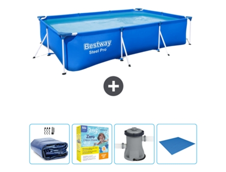 Piscina BESTWAY Rectangular Steel Pro - 300 x 201 x 66 cm - Azul - Incluida Vela solar - Paquete de mantenimiento - Bomba - Suelo