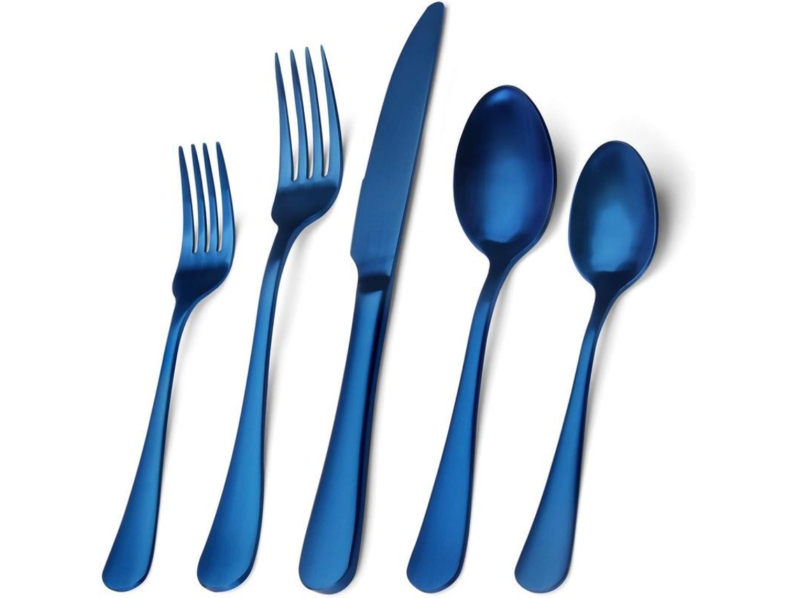 Juego de cubiertos de acero inoxidable, 5 piezas, utensilios de cocina, aptos para lavavajillas, diseño moderno, azul.