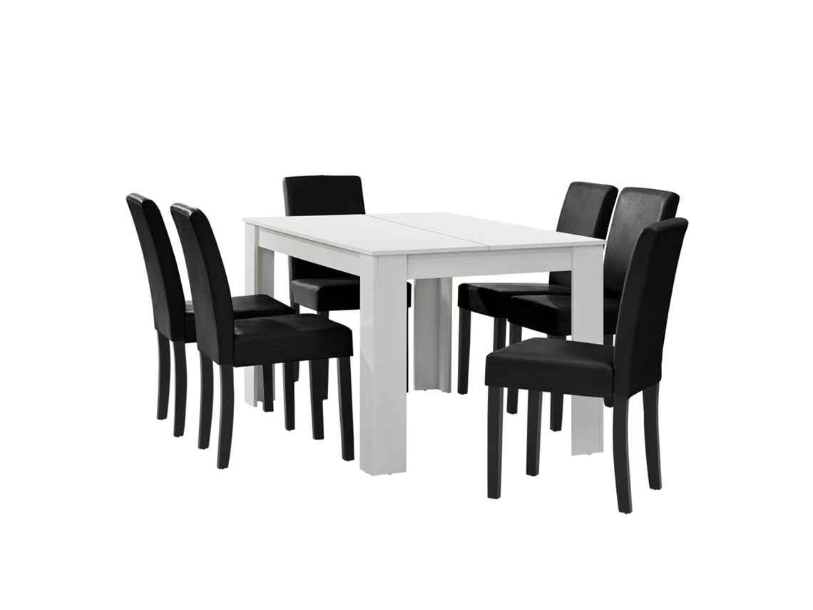 Mesa de comedor + 6 sillas Forssa MDF y polipiel 140x90x77cm - Blanco + Negro [EN.CASA]