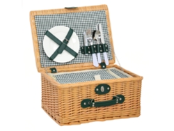 Cesta térmica de madera de sauce para picnic para 2 personas con cubiertos de color marrón claro.