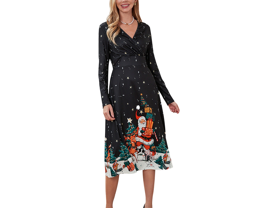 2026altiro-vestido Largo De Navidad Para Mujer Con Estampado, Cuello V, Mangas Largas Y Ajuste Slim, Tipo B M Negro